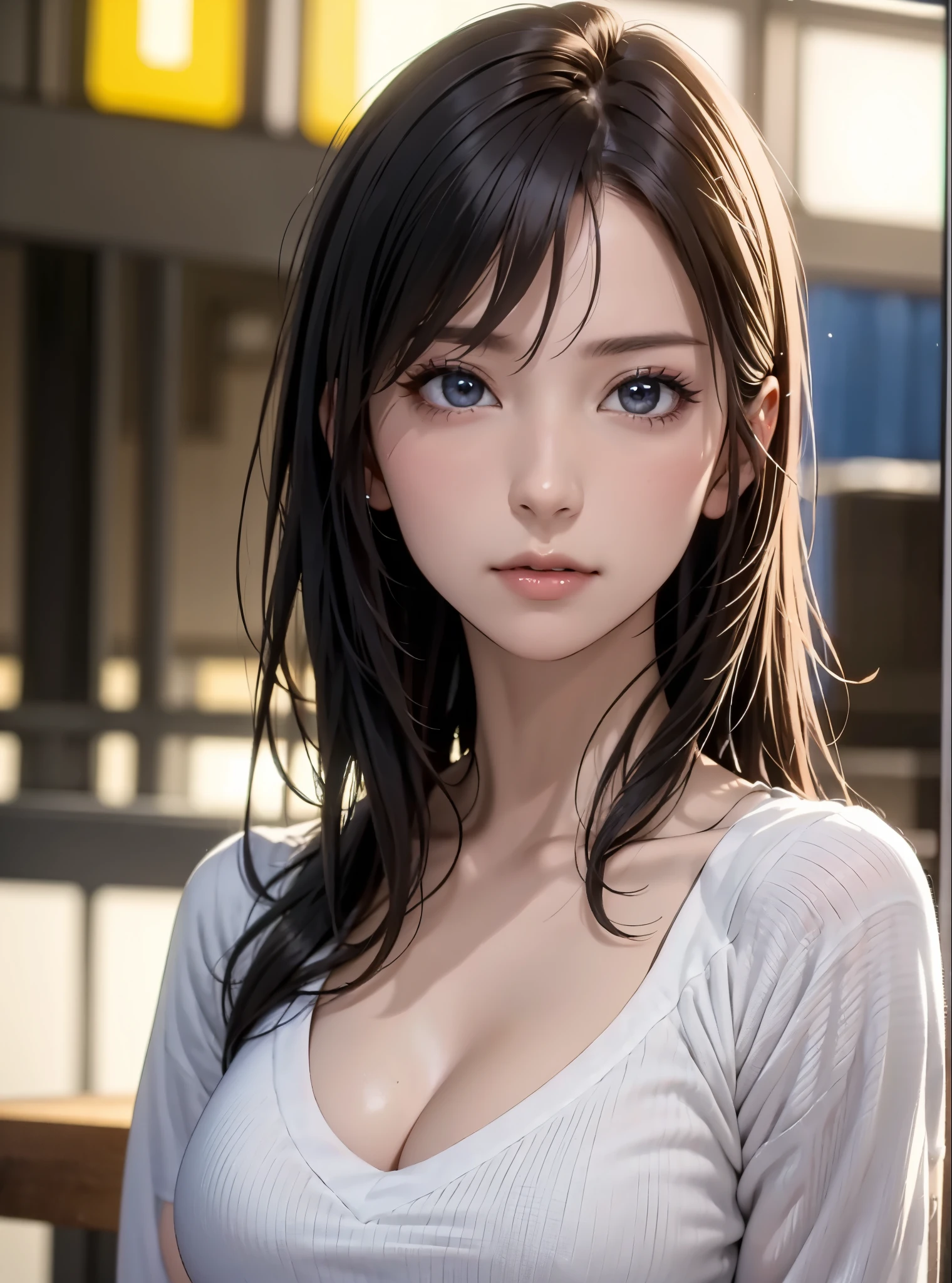 (in 8K, top-quality, masterpiece:1.2), (realisitic, Photorealsitic:1.37), ultra-detailliert, Natural sunlight, mideum breasts, I can see the cleavage, 1 persons, 25 year old woman, Dark hair, Pendants, Torn shorts, Light Knit V-Neck Shirt, At the time of performance, extremely detailed face and skin, A detailed eye, extremely detailed face and skin