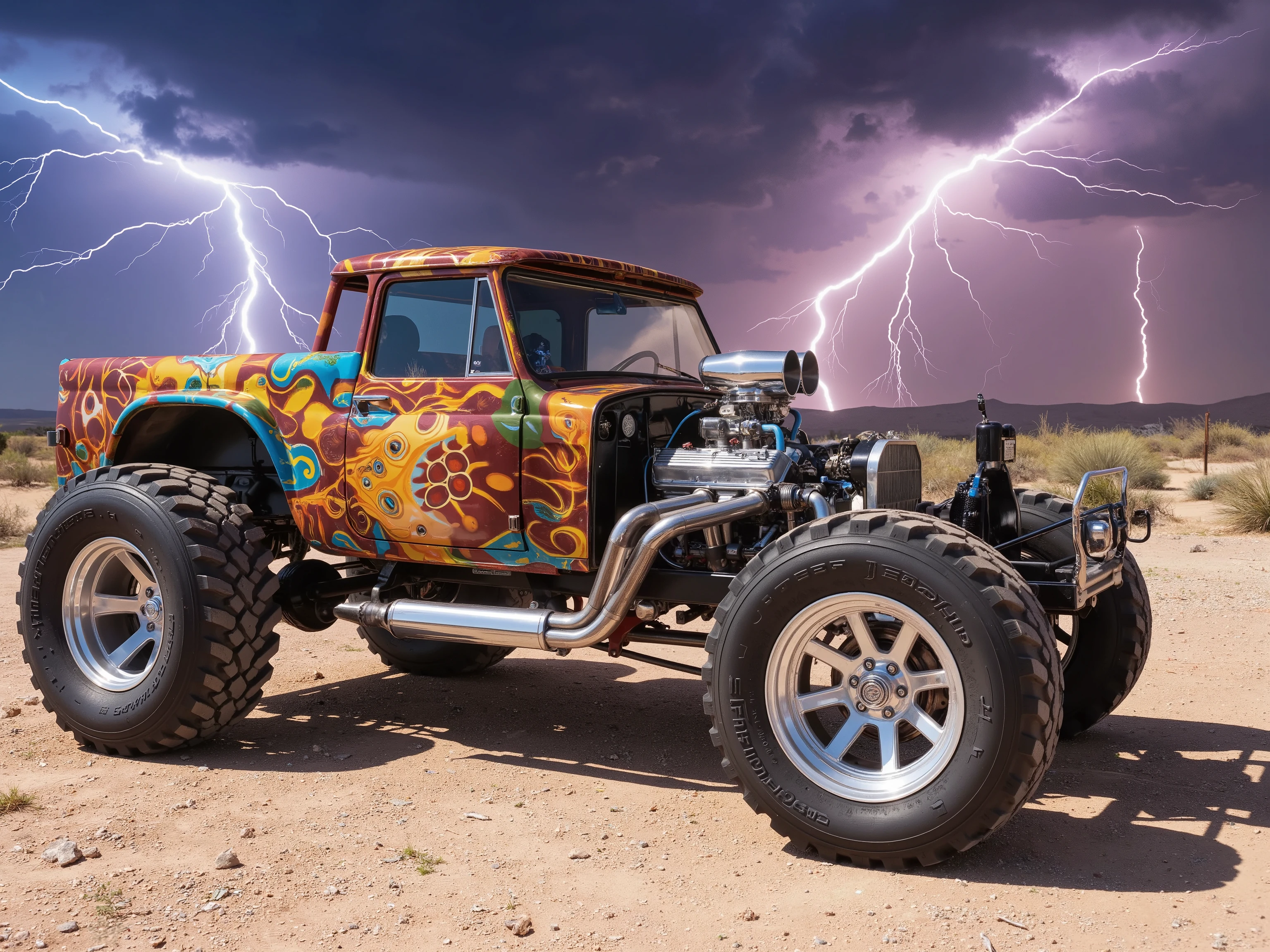 Create a photorealistic image of an extreme, OFF ROAD, vintage pickup with a lifted frame. The design is extreme and very colorful. The paint style is custom and unique. It has monster tires in the rear. The rims are polished chrome. The engine is exposed and accented with a chromed blower. The sky is colorful with heat lightning bolts and strikes. The backdrop is a sunny, southwestern desert