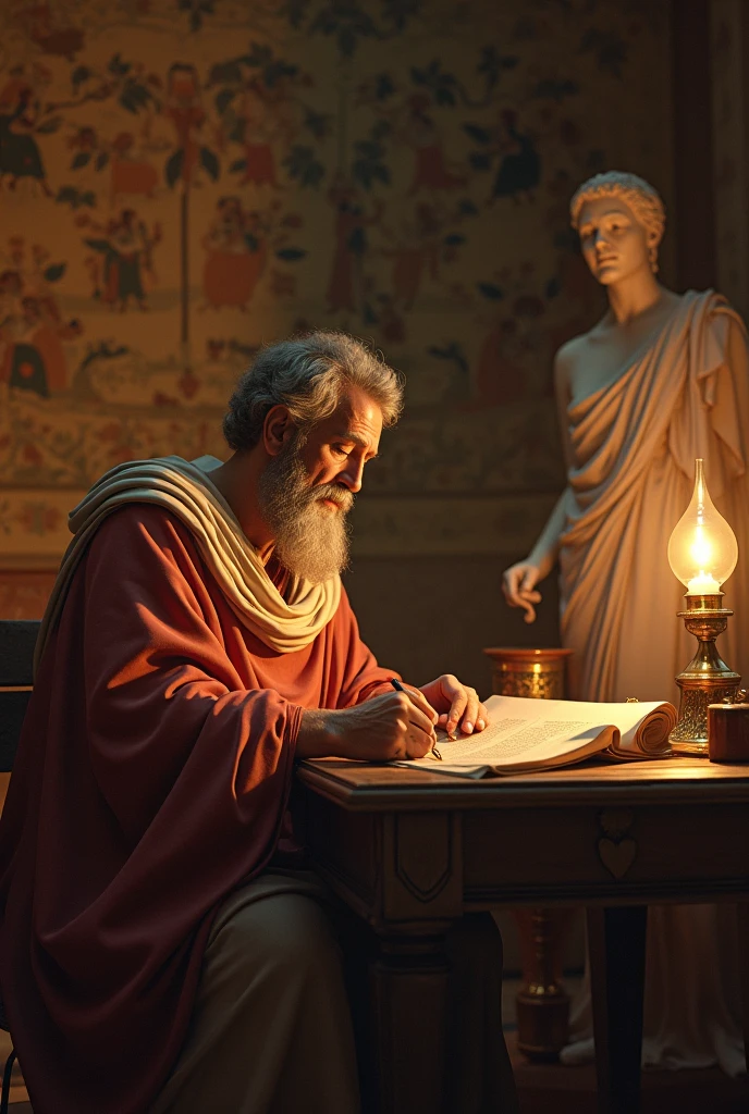 Create a stone sculpture of Aristotle sitting reading a book at night 