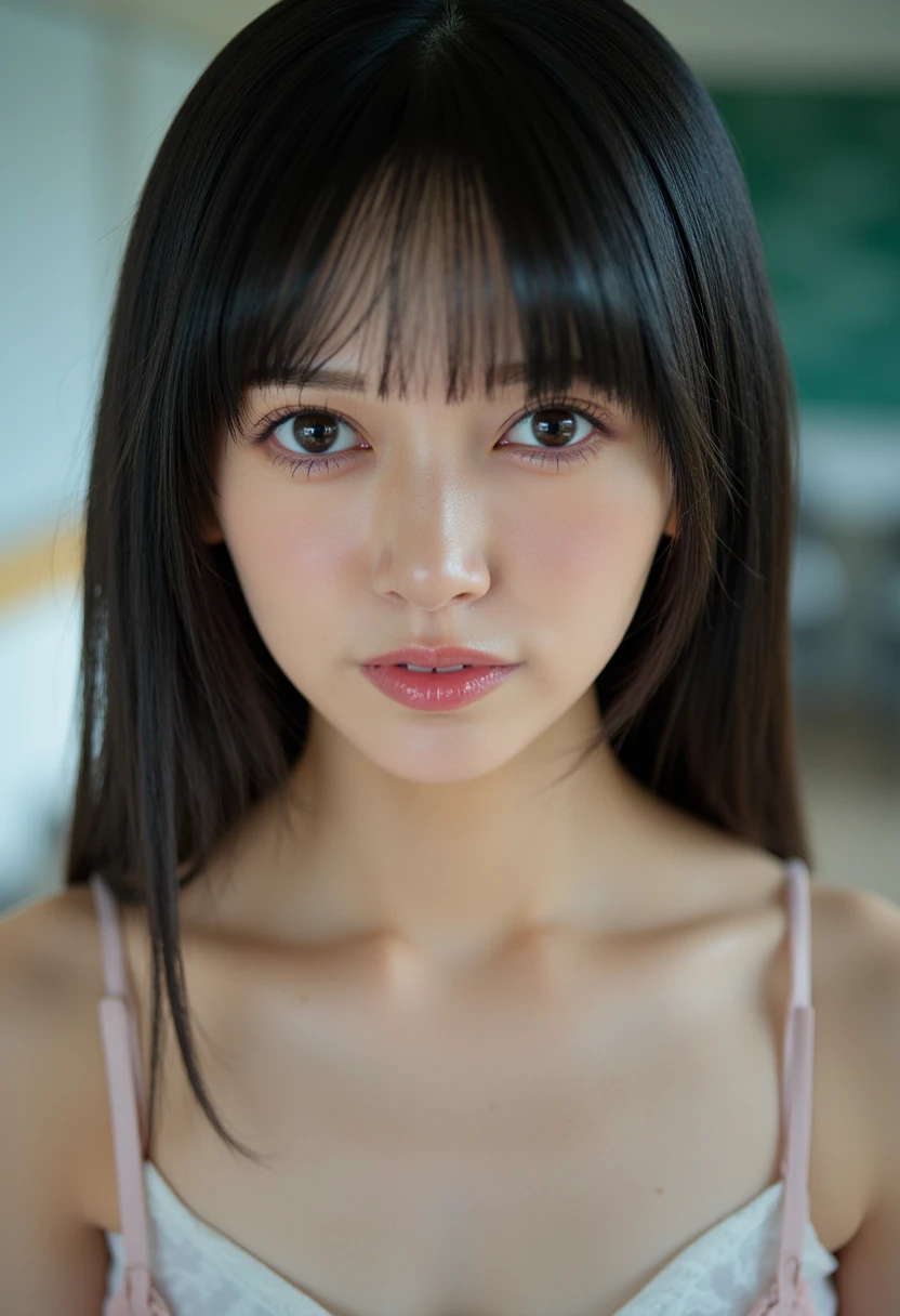 highest quality, realistic, 8K, High resolution, 1 girl, woman, (skin dents), (portrait:0.6), nice, ((white background, naked, small breasts:1.65)), (long black hair, parted bangs:1.4), looking at the viewer, (1 girl eyes looking at the viewer:1.6), realistic, (Bokeh), (closed mouth, smile:1.3), nice, Pueros face_V1:1,