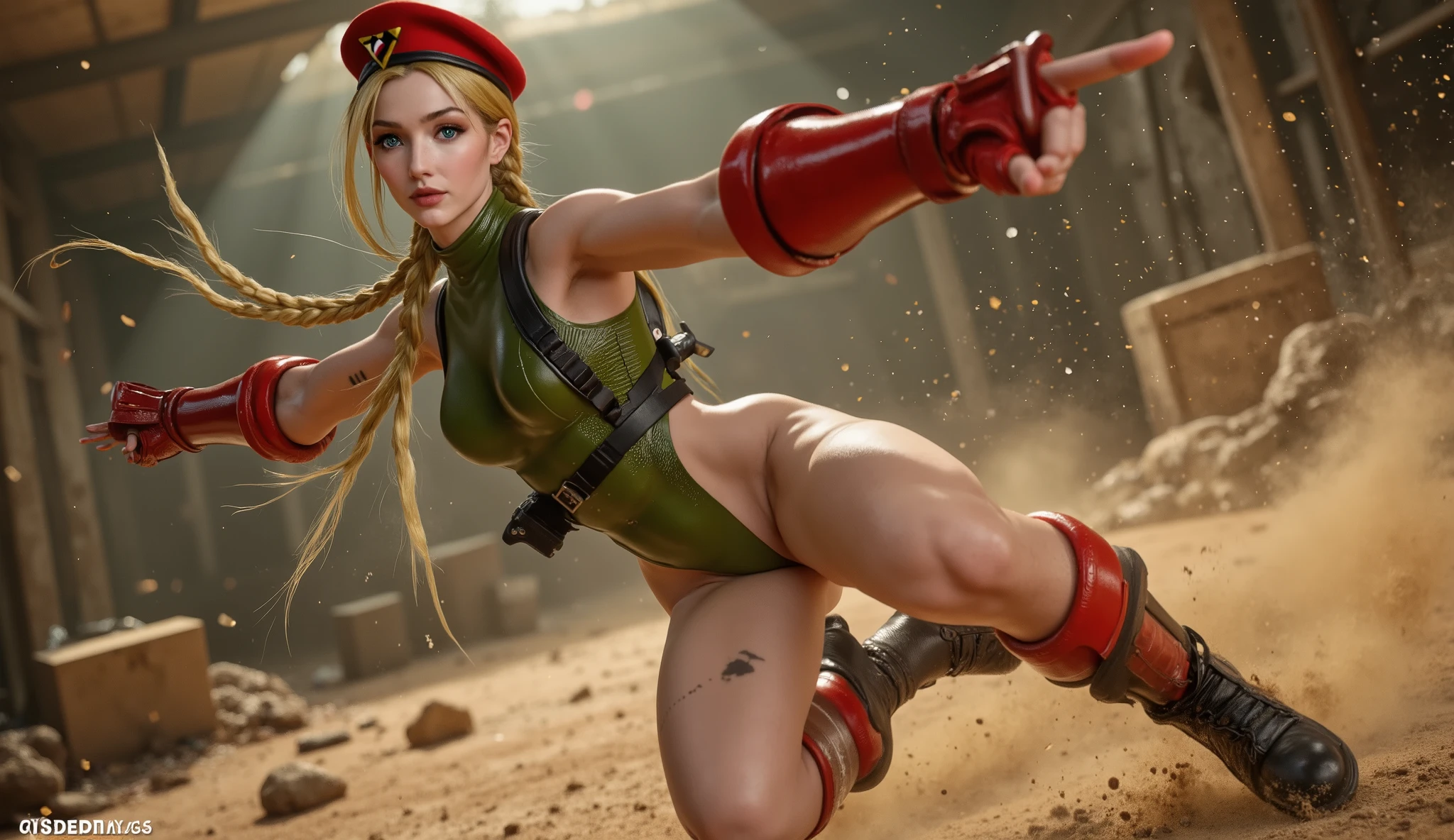 An intense cinematic scene captures Cammy at the exact moment she lands her signature punch, shot with the iconic Super Panavision 70 lens. The composition highlights her explosive power and commanding presence, evoking the great action and war films of the 1950s. Cammy wears her iconic olive green military uniform, now styled with a bold, low-cut design that hugs her athletic and sensual body. Her bright red gloves cover her fists, while her classic red beret adds a touch of military authority and discipline. Her braided blonde hair moves in the wind, creating a dynamic and cinematic feel. The scene captures the moment the punch lands: Cammy in mid-air, spinning rapidly, her legs extended in a devastating overhead punch, as her opponent is thrown backwards. Her face is one of pure concentration and determination, her eyes fixed on the fight. The surrounding scenery is dramatic and immersive: **dust and light particles float in the air**, displaced by the force of the blow. **Strong, contrasting lighting** highlights Cammy’s muscular contours and the shiny details of her uniform. In the background, a **stylized military setting** — whether a combat arena, a secret base or an urban battlefield — reinforces the epic atmosphere of the scene.
The composition follows the **classic cinematic widescreen** format, with **Cammy at the center of the action**, captured **at the peak of her movement**, while **the background blur adds depth and impact**. **Slight film grain reinforces the retro aesthetic**, transforming the scene into a memorable moment of action and power.