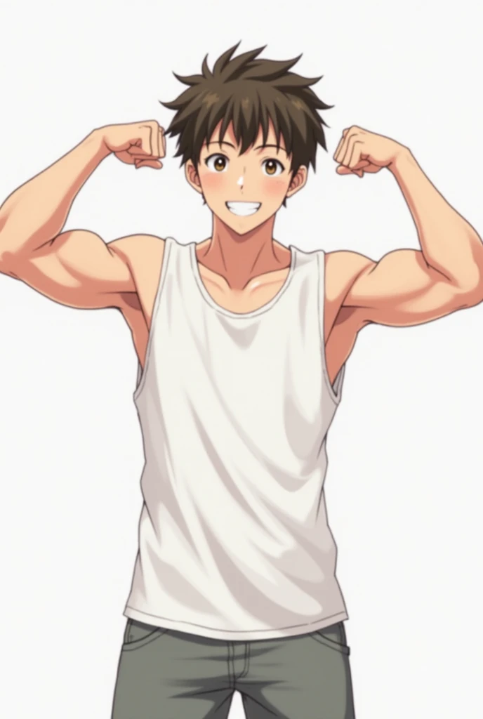 In the morning school, a slender and mascular young man was got pants pulled down by his friend. Pantsing. He exposes his tighty whities. White briefs. Red T-shirt. He looks embarrassed. His friend find it funny and laughs at him. Anime