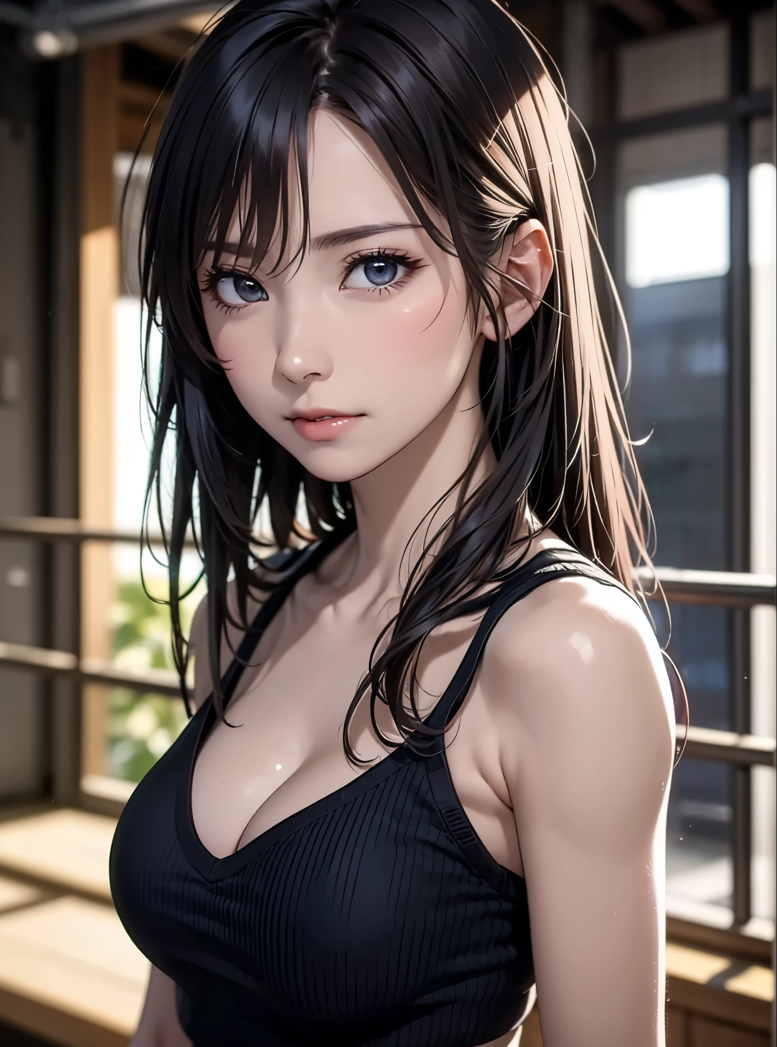*8K masterpiece, Highest quality, Official Art, (Beauty and aesthetics: 1.3), Very detailed, realistic, Realism, photoRealism, photo-realistic, high contrast, (photorealistic:1.4), (perfect female figure), 8k high definition detailed realistic, (best quality, masterpiece:1.2), best quality, highly detailed, 1girl, looking at the viewer, upper body, from front, small breasts, brown hair, purple eyes, tan skin, serene, mizuki yukikaze, hair ribbon, slender body,