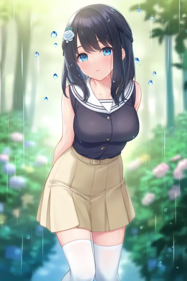 NSFW,Girl playing in the river,high school student,Japanese,((See-through shirt, uniform),17 years old, black hair ,no good,medium breast,