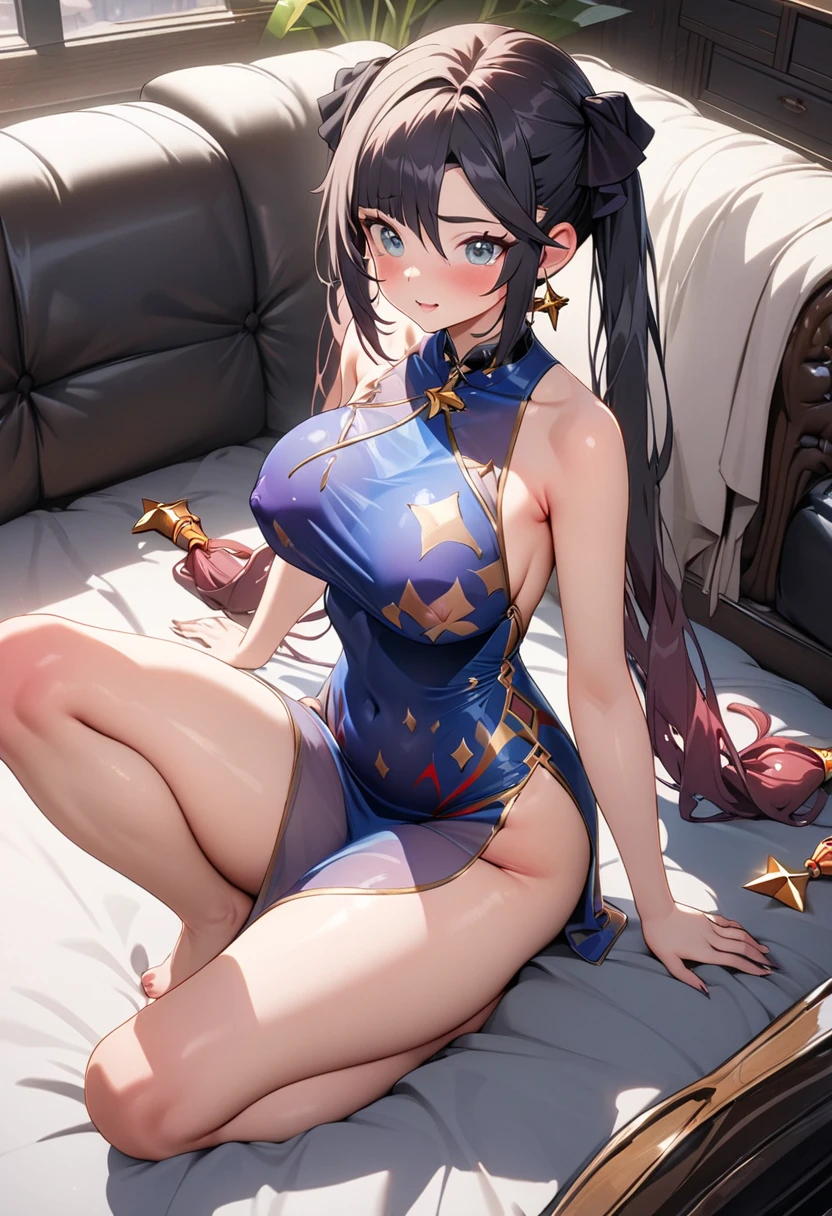 Highest Resolution,Highest quality,Woman in Chinese leotard,smile,Bun Hair,Bedroom,bed,High leg,