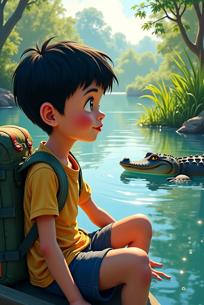 A single younger boy wearing ash colout short and marron colour t-shirt.Printed "Kasun" on his t-shirt.sitting on bench near lake. Chocolate on his hand and not eat.Small side bag wear cross chest.black slippers wear.Bajaj discover bike near him.make realistic.