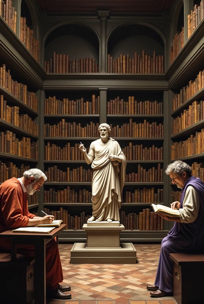 Grey statue, de filosofos antigos, Marcus Aurelius, They are inside some jars, reading old books