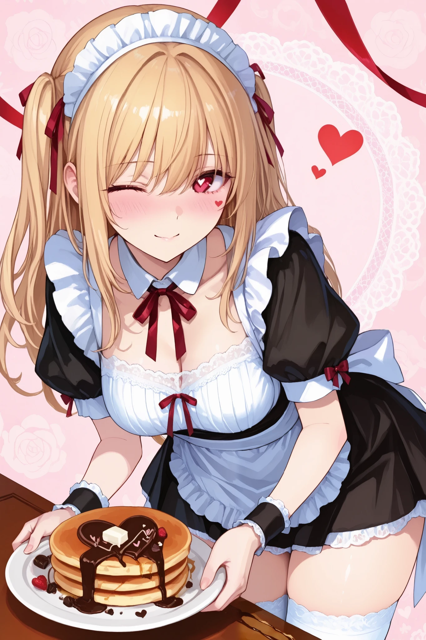 1girl Alone ,((red ribbon)), Beautiful Thighs、puff sleeve、(masterpiece, detailed:1.2),. Collarbone. Bending forward.
、cowboy shot, maid clothes、clavicle、white lace pattern background、Winking,. Blush. Looking at the viewer with an upward glance.
heart、Puff sleeves. Holding a plate with pancakes on it., pancake on desk, heart mark with chocolate sauce on pancake), heart mark.heroine,
. Active angles. Romantic atmosphere. Lace pattern.748cmstyle,
