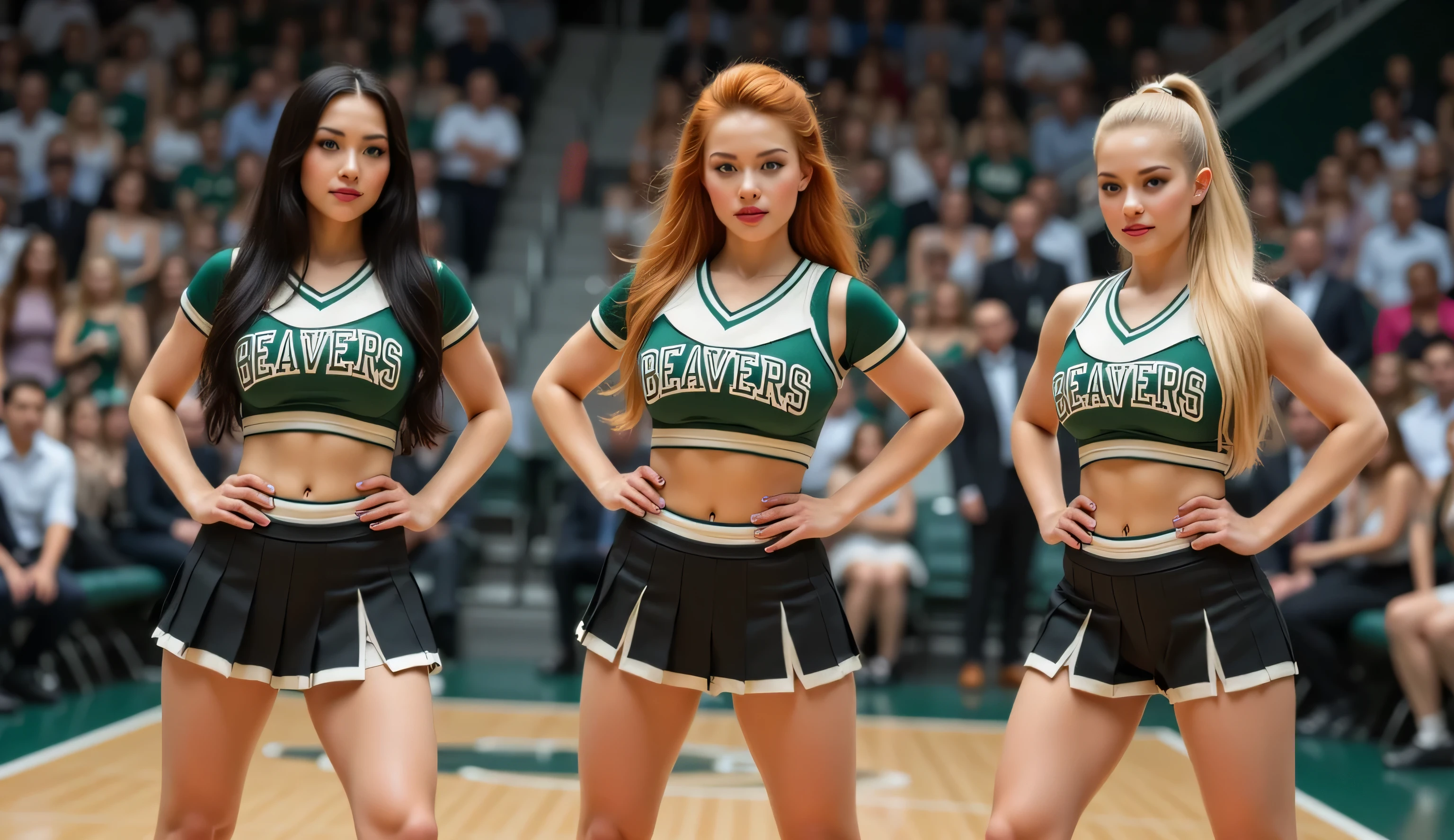 Best quality, masterpiece, ultra high res, (photorealistic: 1.4), raw photo, 2girl, 17 year olds, spandex, 1950s style microcheerleading outfits, cinematic lighting, holding hands, huge outdoor highschool stadium background