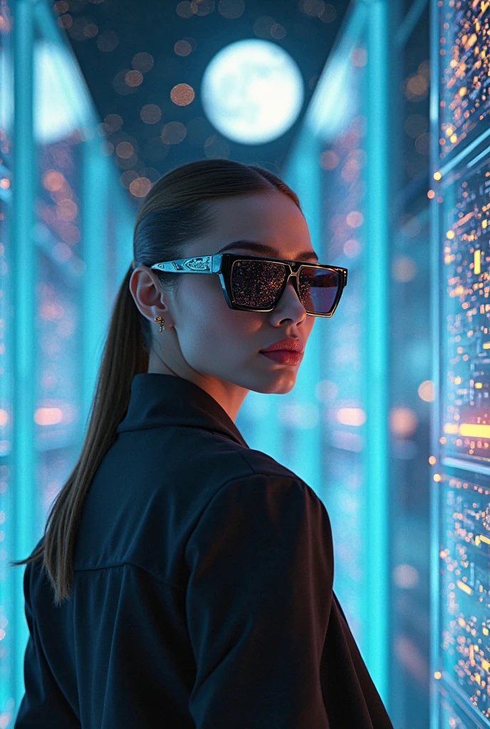 The model is wearing sunglasses from the square with the pole / gastronomic center in a glass square with stars and the moon on the glass