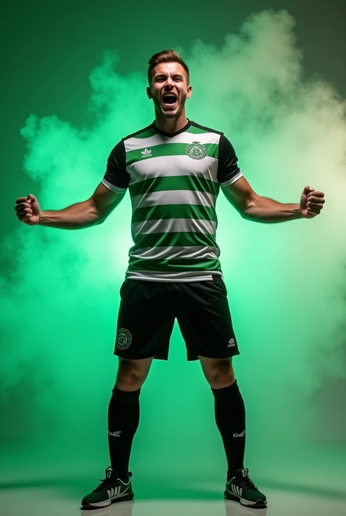 Create a football shirt with white and green stripes and a green football crest