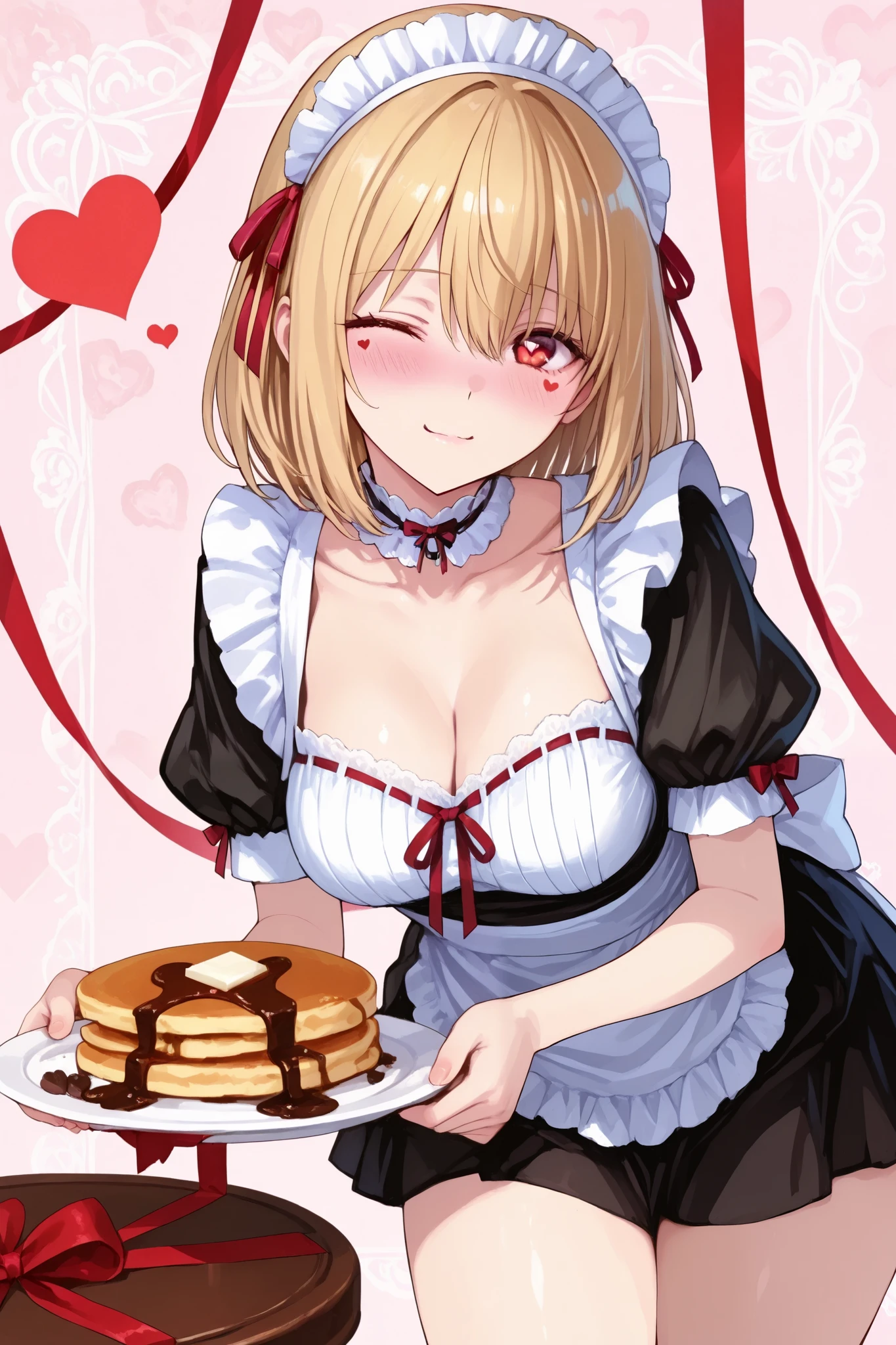 1girl Alone ,((red ribbon)), Beautiful Thighs、 ((Expressing affection with pancakes)).,puff sleeve、(masterpiece, detailed:1.2),. Collarbone. Bending forward.
、cowboy shot, maid clothes、clavicle、white lace pattern background、Winking,. Blush. Looking at the viewer with an upward glance.
heart、Puff sleeves. Holding a plate with pancakes on it., pancake on desk, heart mark with chocolate sauce on pancake), heart mark.heroine,
. Active angles. Romantic atmosphere. Lace pattern.748cmstyle,