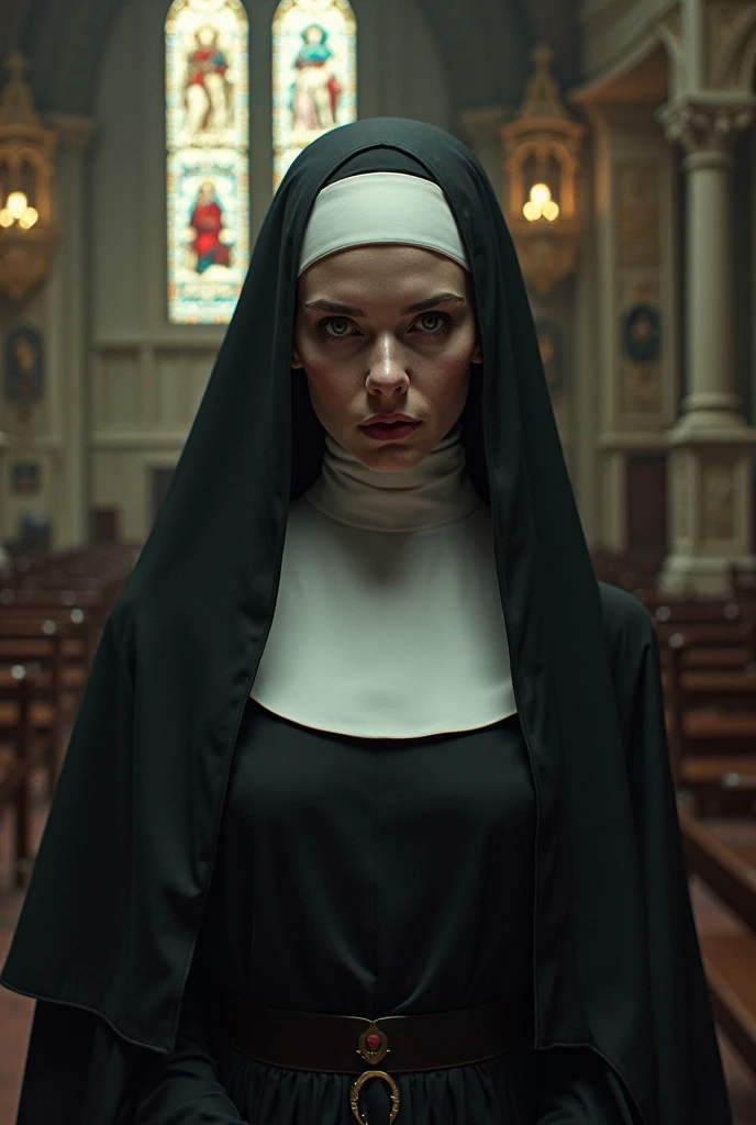 nun costume , weapon shop , evening <lora:Rose_Leslie:1> masterpiece, best quality, detailed face, a mature r1873l, 1girl, solo, red hair,