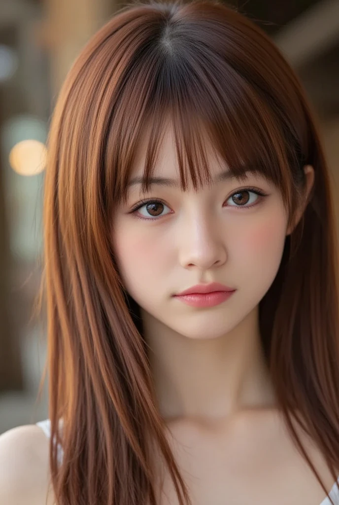 1 Japanese girl, (looking away:1.4), (upper body shot:1.2), Beautifully detailed eyeballs, catchlight in the eyes, Realistic digital painting of a woman portrait, Shy, Cute, open mouth to say something, sad, brown eyes, (medium hair:1.1), (light brown brunette hair:1.3), (Highly detailed skin:1.2), Mystical style, Global Illumination,