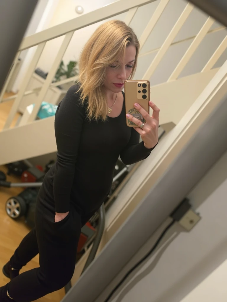 Jillie, 1girl, solo, realistic, consistent image, (((mature))), (((60 years old))), mother, MILF, indoor door, upper body and upper legs, sitting, mini skirt, (((selfie)))