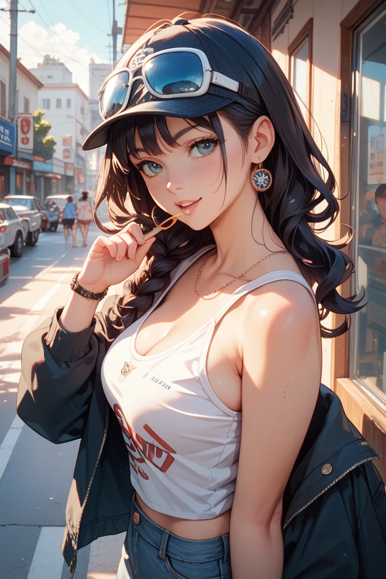 ((Masterpiece)), (Anime:1.3), ((best quality)), (RAW photo: 1.2), (High Definition:1.3), (Professional Photography:1.2), (drop shadow:1.5), (profile), Textured skin, cinematic lighting, (12 years old), 1girl, (Cute teenage beautiful Girl),BREAK, ((best quality)), ((glossy lips)), beautiful brown eyes, (Beautiful diamond eyes:1.5), (Pale brown hair), unruly hair, medium hair, (long bang), ((put on baseball cap deeply)), (innocent smile), Open mouth, BREAK, (Anime:1.3), ((ragged white tanktop)), Slender body, slightly exposed small nipple, sweaty, Beautiful small breasts, (kawaii posing:1.4), on the parapet of a bridge,