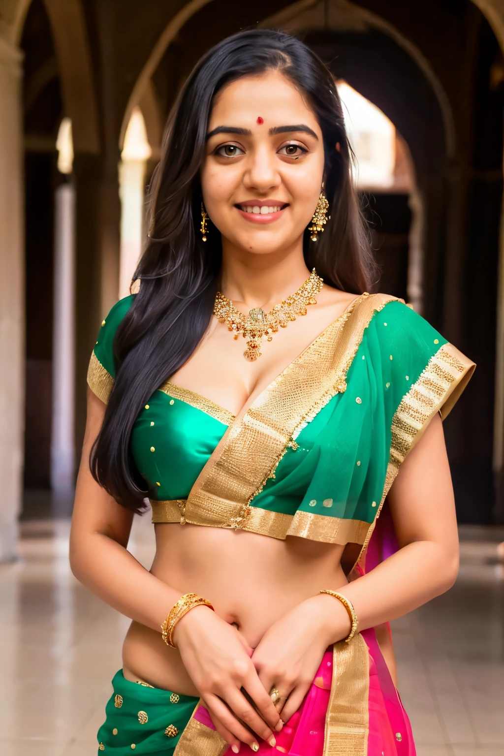Elguru, 25 year old, perfect age, ultra realistic face, indian woman tette grandi capezzoli ritto viso sorridente, standing, seductive, remove blouse pose black hair, thin eyebrows, fair skin, blushing cheeks, perfect body, medium breasts, teal , yellow,pink colour saree, cleavage, castle hallway, eye contact, seductive smile, realistic style, 8k,exposure blend, medium shot, bokeh, (hdr:1.4), (cinematic), ( dark tones:1.3), (hyperdetailed:1.2),Realism,1 girl,girl wearing indian saree(dressed in transparent saree)(wearing glitter graphics jewelry), medium , Sexy medium Breast, nipple, bright light, long_hair, Bokeh ,nsfw , indian , tree branch, colourfull, princess dress, lehenga choli