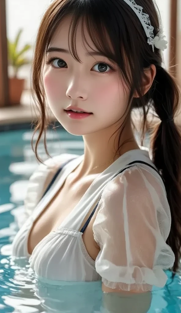 night,It's dark outside,Resort Pool lit up with neon lights at midnight,bikini,Close up face,One woman,masutepiece, The highest image quality, High quality, the background is clear,Beautiful woman, Japanese, Detailed, Detailed eyes, Detailed skin, Beautiful skin, 超hight resolution, (reality: 1.4),Very beautiful woman, Slightly younger face, Beautiful skin, slender, (Ultra photo realsisim), (hight resolution), (8K), (Very detailed) (beautifully detailed eyes), (super detailed), (Detailed face), view the viewer, Fine details, Detailed face, Staring straight ahead, Staring straight ahead, photos realistic, Bright lighting, Professional Lighting, Black hair,poneyTail,a baby face,fifteen years old,Hairstyle: ponytail,Long ponytail hairstyle,slight smile,neat and tidy clothing,Beautiful Japanese KPOP idol photo, hair style is ponytail, my eyes are double and wide, baby face, smile and look straight ahead, slender, small breasts,Close up face,