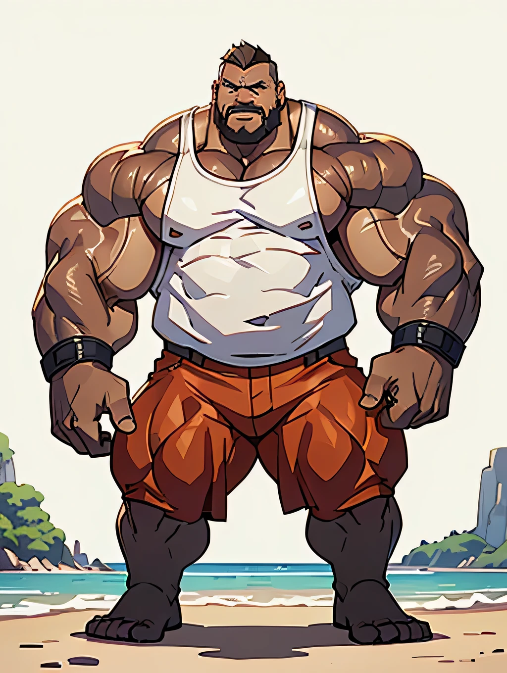 (((2heads))), muscle man, Black, African American, big pecs, big biceps, buzz cut, full body, beach background, no shirt, big bulge, speedo, long beard, big thick beard, hyper real