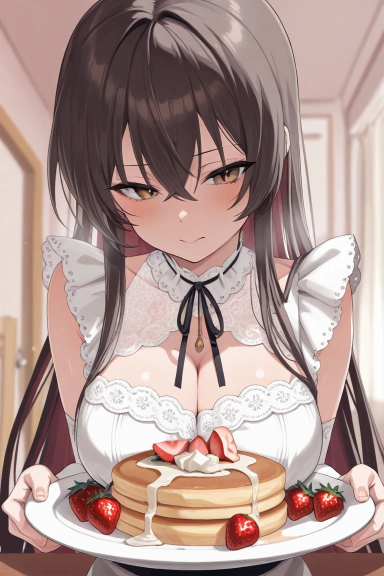 masterpiece, best quality, 1 girl, solo, large breasts, brown hair, brown eyes, maid, maid headdress, frill apron, in the castle, chandelier, upper body, (breasts out:1.5), nipples, (fresh cream on breasts:1.5), (fresh cream on face:1.5), (nsfw:1.4), (cakes:1.4), single hair bun ,