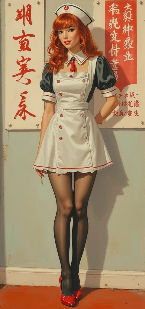 detailed proportions, textures and multicolor with airbrushed strokes, which is a semi-realistic illustration in Chinese: of a beautiful and fragile young woman in Prussian and Victorian nurse's uniform,   SHE STANDS AT HER FULL HEIGHT  , Short medical gown, black mesh stockings, red patent leather Louboutin,   wavy red hair  ,   playful smile. Girl stands in front of medical propaganda poster