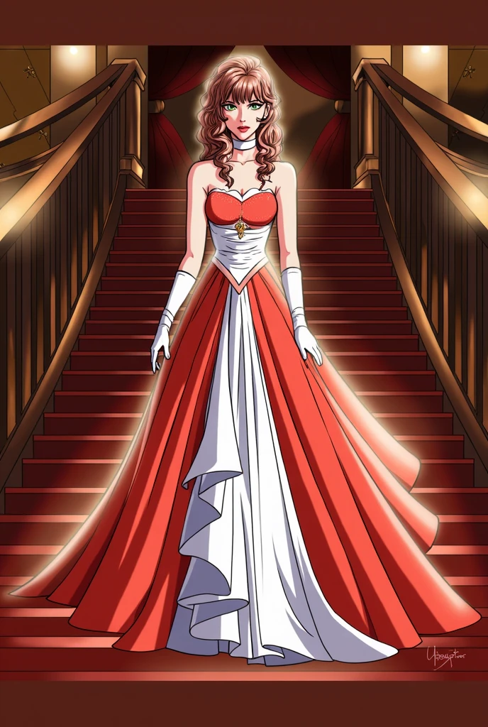 masterpiece, high quality, <lora:Lerajie:0.9>, Lerajie, 1girl, solo, solo focus, full body, long hair, red hair, red eyes, dress, red dress, bare shoulders, jewelry, cleavage, necklace,