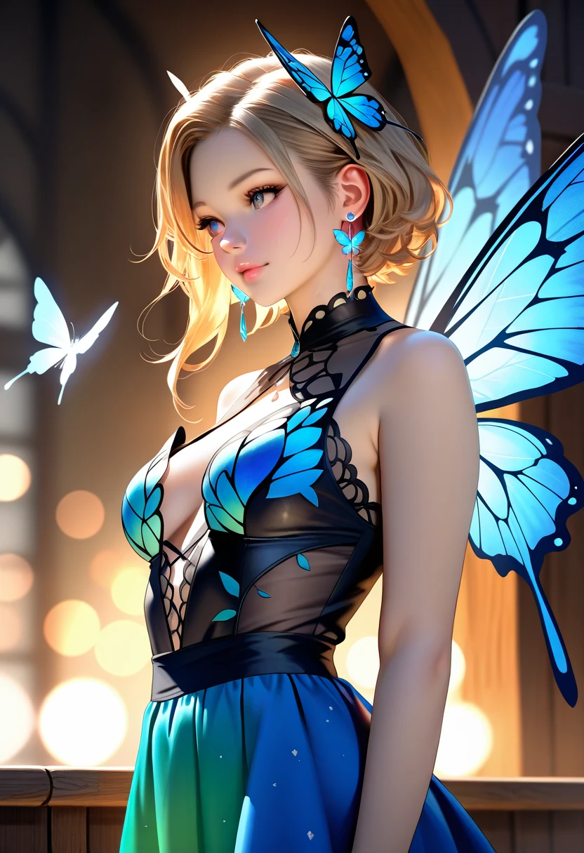Best quality, masterpiece, ultra high res, raw photo, beautiful and aesthetic, deep shadow, fairy theme,(ultra detailed:1.3),
1girl, sitting pose, flower headdress, drill hair, long hair, blonde hair, gradient hair, yellow eyes, solo, huge breasts, big hair, blue hair, divine goddess, looking at viewer, indoors, queen bedroom, empress bed, room full of curtain, astraea, full body, midnight, glowing light, neon light, butterfly dress, transparant dress, butterfly wings 