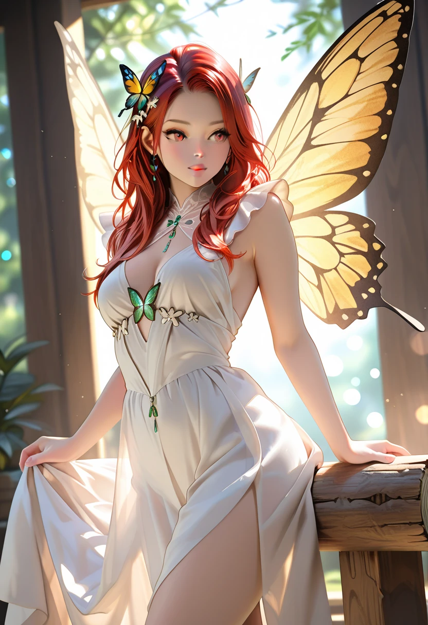 Draw a masterpiece, a girl with big butterflies wings full of colours, in a forest, Red hair, beautiful body like a goddess of forest, Her body Is coloured with the same coloured of the wings
