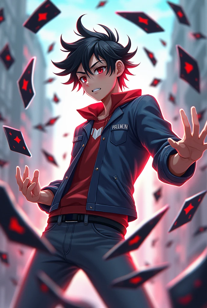 <lora:（人物 海马濑人 游戏王）Seto Kaiba:.7>,  1boy, <lyco:Makoto Outfit:1.0>, MK, solo, focus, short hair, crop top, skirt, fighting stance, card, cards, holding cards, (yugioh cards:1.2), duel disk, grin, confident smile, smug, mma ring, outdoors, street, cars, from above, panorama 
