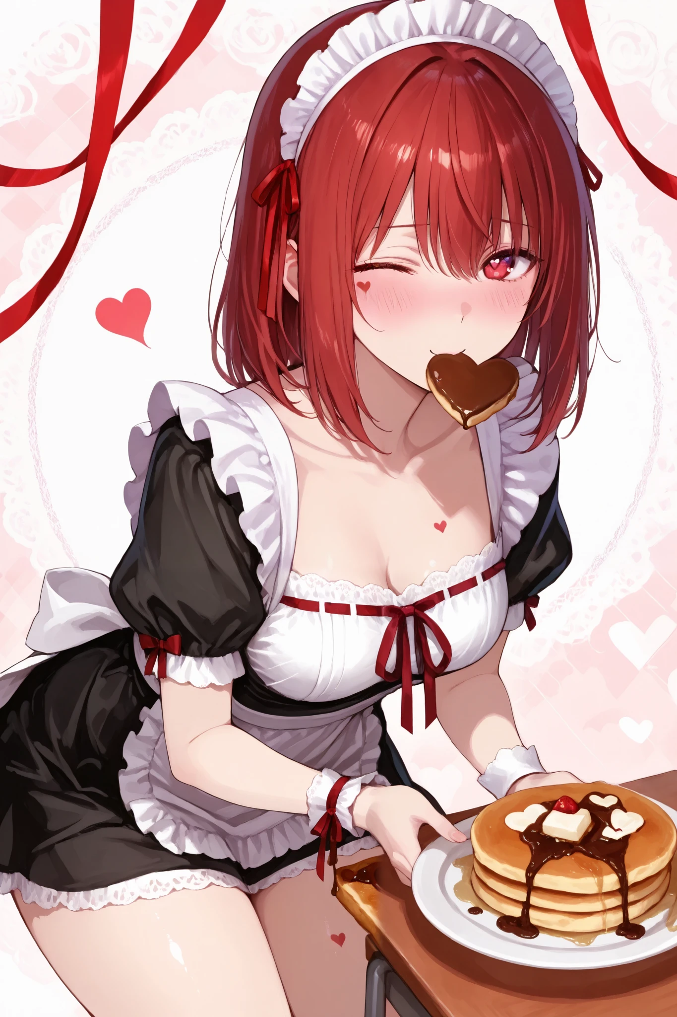 1girl Alone ,((red ribbon)), Beautiful Thighs、 ((Expressing affection with pancakes)).,puff sleeve、(masterpiece, detailed:1.2),. Collarbone. Bending forward.. White wristband.
、cowboy shot, maid clothes、clavicle、white lace pattern background、Winking,. Blush. Looking at the viewer with an upward glance.
heart、Puff sleeves. Holding a plate with pancakes on it., pancake on desk, heart mark with chocolate sauce on pancake), heart mark.heroine,
. Active angles. Romantic atmosphere. Lace pattern.748cmstyle,