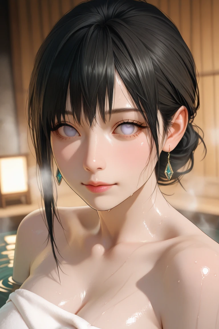 Shinobu kochou, black hair with purple tips, kimetsu no yaiba, purple eyes, butterfly hair ornament, onsen background a hot steam with hot water, she is completely nude exposing her detailed breasts, nipples and wet body, smile, yellow lights, anime-style with line drawing based on kimetsu no yaina anime, masterpiece with ultra-detailed skin, rendered in high resolution (4K, UHD, HDR, or 8K), featuring subdued yet vivid colors. The lighting should be professional, casting realistic shadows. Pay close attention to the details of the lips, eyes, and body. Additionally, include reflections and bokeh effects for a perfect composition