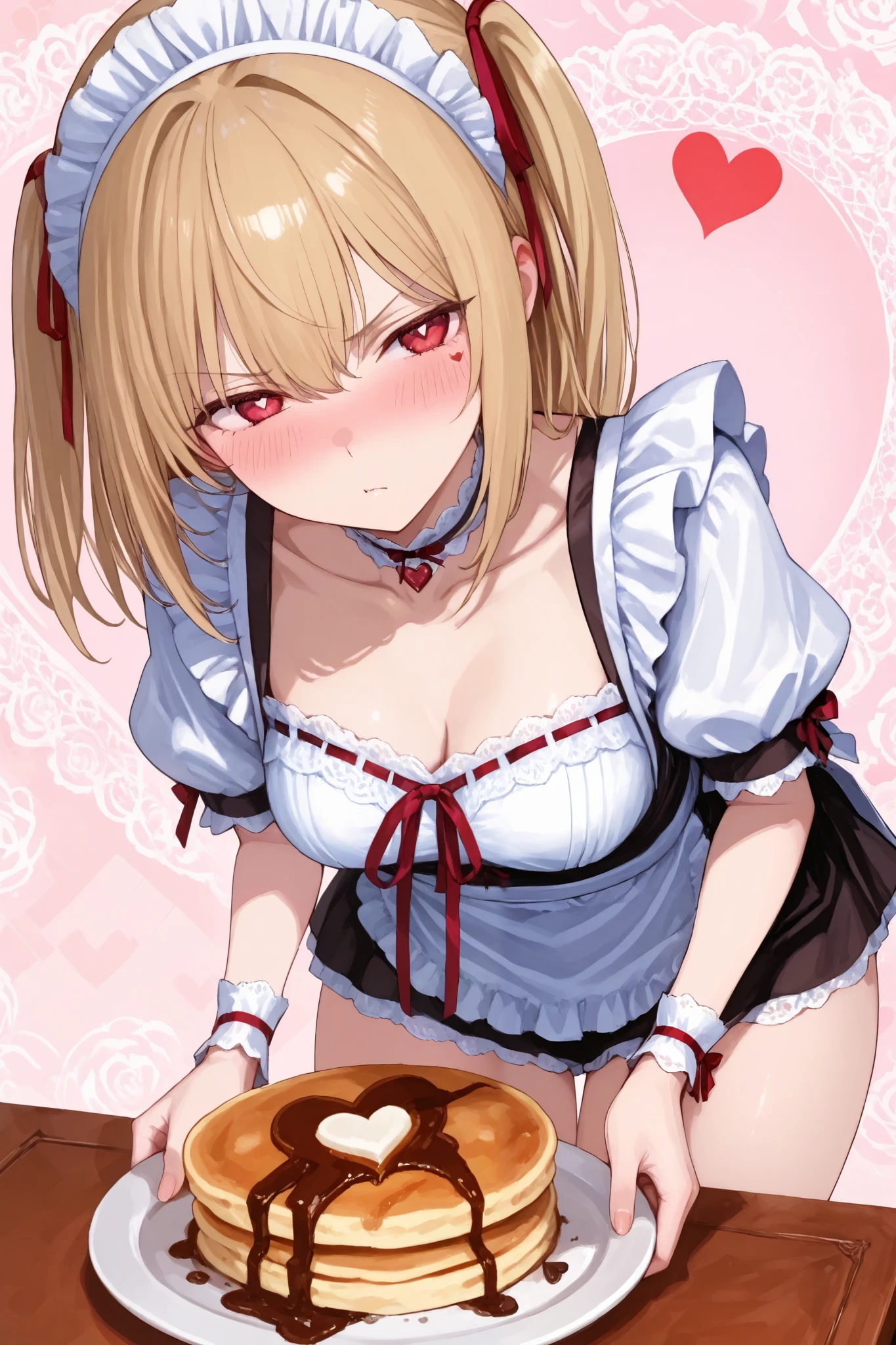 1girl Alone ,((red ribbon)), Beautiful Thighs、tsundere、 ((Expressing affection with pancakes)).,puff sleeve、(masterpiece, detailed:1.2),. Collarbone. Bending forward.. White wristband. tundere
、cowboy shot, maid clothes、clavicle、white lace pattern background、Winking,. Blush. Looking at the viewer with an upward glance.
heart、Puff sleeves. Holding a plate with pancakes on it., pancake on desk, heart mark with chocolate sauce on pancake), heart mark.heroine,
. Active angles. Romantic atmosphere. Lace pattern.748cmstyle,