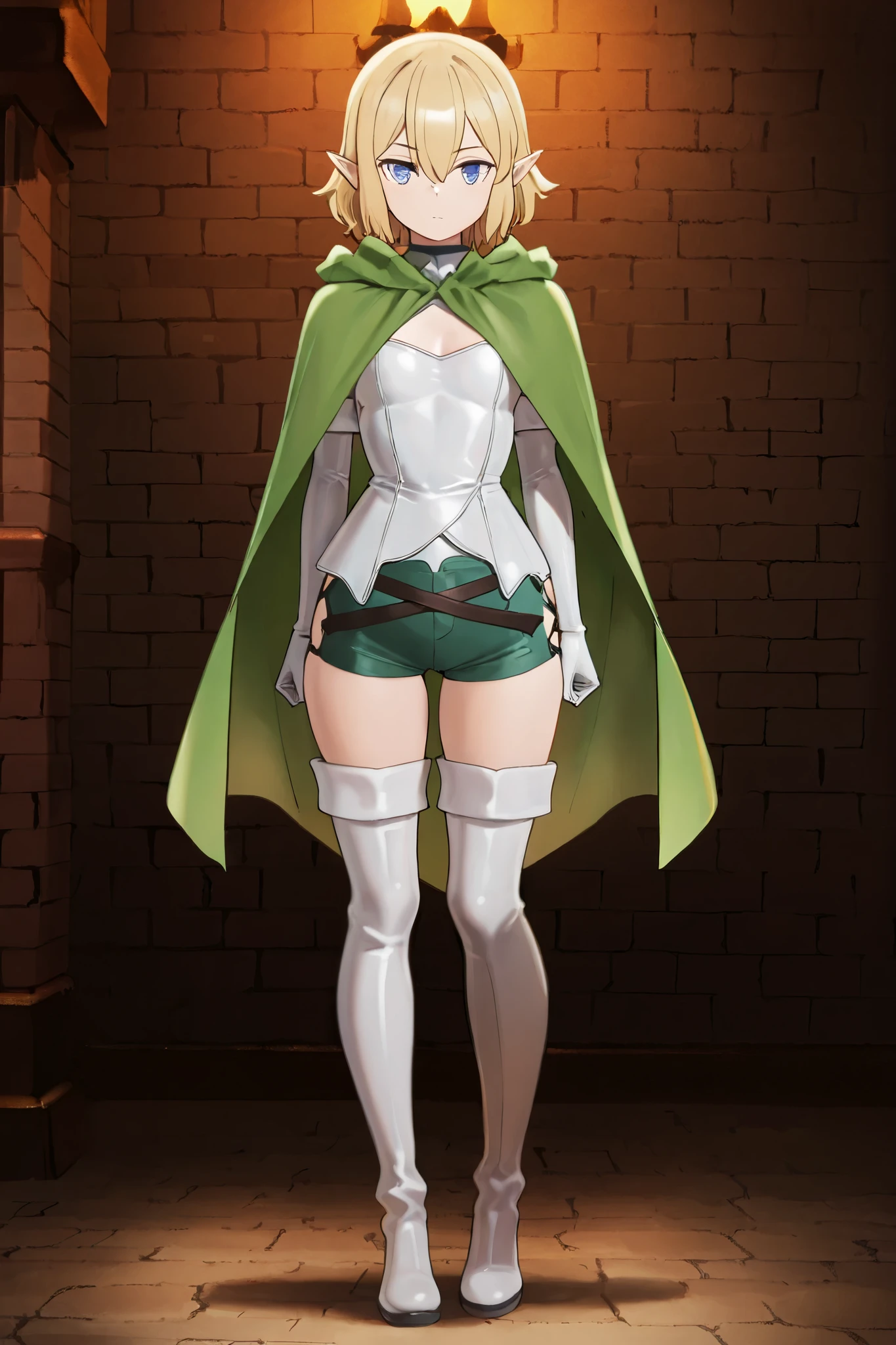 NSFW,masterpiece,best quality,high resolution,very detailed,Ryuu Lion(is it wrong to try to meet someone in a dungeon),short hair、blond hair、hair between his eyes、pointed ears、blue eyes,Combat Uniform、green cape、white leotard、clothing cutouts、Elbow hand pockets、belt、green shorts、white thigh-high boots