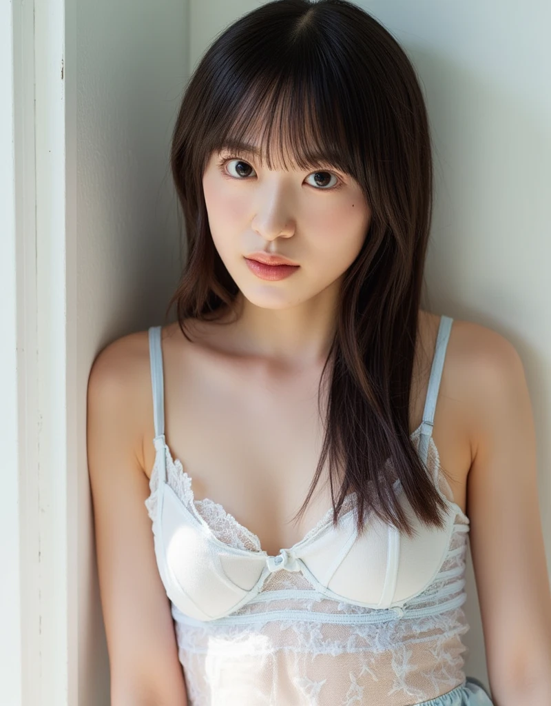 masterpiece、Underwear with extremely small area、16 year old high school girl、(ponytail)、(((quite small head:1.4)))、Open your legs and show your crotch、get down on one knee、sit on the bed、(black hair)、(Live shooting:1.2)、(photorealistic:1.4)、cute smile、embarrassing、show your whole body、lace white underwear、View from the front、textured skitomically correct、SFW、highly detailed eyes and face、pretty fingers、(Enhances the beauty of skin texture:1.1)、High resolution、8K wallpaper、movie lighting