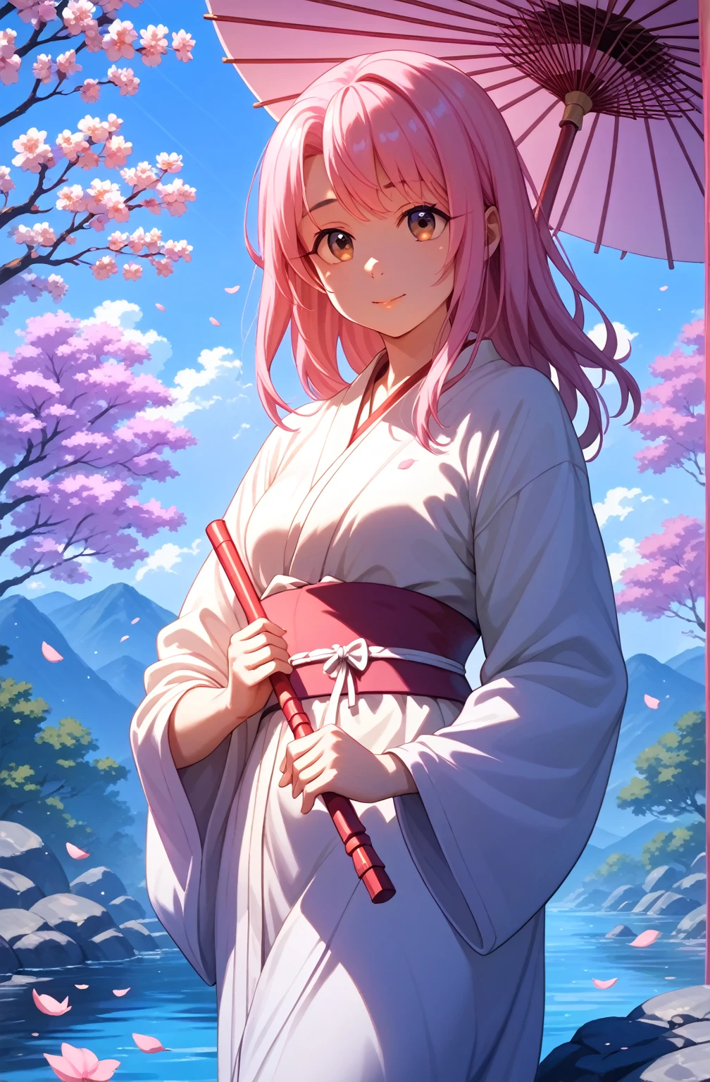(masterpiece, best quality, ultra detailed, absurdres:1.5), 1girl, (sexy, beautiful woman, perfect face, perfect eyes, perfect female body, small breasts:1.5), (red and white kimono, long hair, pink hair, horns, <lora:Shuna:0.7>, <lora:NSFWFilter:-1>), (standing, outdoors, forest), perfect lighting, smooth, hdr