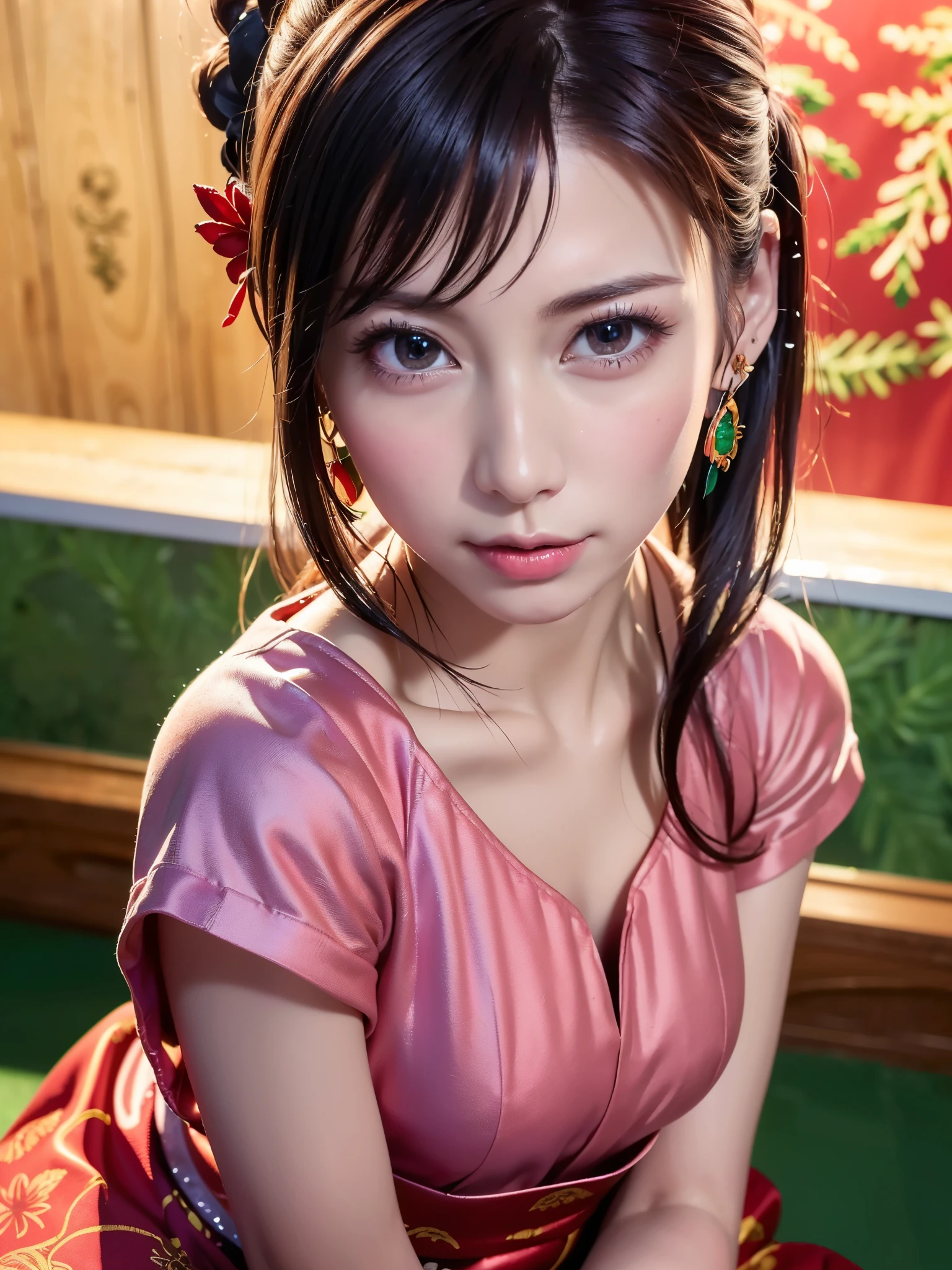 Beautifull japanese girl, cute girl, young, layered hair style, hyper realistic detailed, ((big breast)), (realistic tits detailed: 1.0) skin detailed, 17 yo, slim body, ((fullbody, wearing sexy maid dress)), babyface cute, (sexy red lips), ((best light, realistic light))