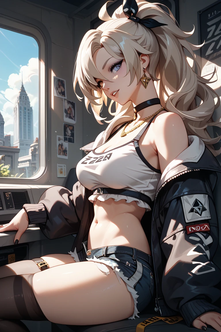最high quality、best image quality、masterpiece、teenage girl((18-year-old、 By becoming、vest bust、medium bust,wide open breast tea、black eye, blonde hair、Habitual hair、long hair、thin,highest valley、blue shorts、attractive face、heart tattoo、black aloha shirt、sit on a chair、)),high quality、beautiful art、background(On the plane、first class、red wine))debris flies、Depth of written boundary、movie、visual art、perfect art、8K,genuine