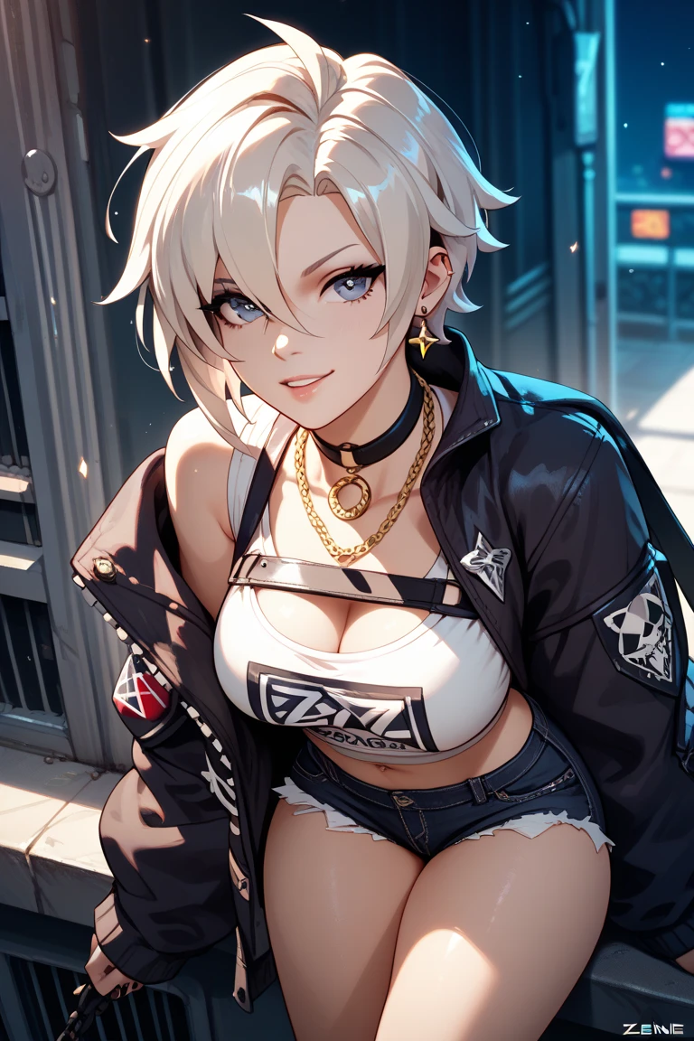 Top quality, incredibly beautiful, very delicate 8k wallpaper, Transcendently Beautiful Girl, looking_to_the_side, tongue_out, (masterpiece face, masterpiece eyes:1.5), (pixie cut hair:1.3), (blonde hair, short shaved sides, very short back, very short side, under cut, side cut:1.3), (long eyelashes, red lips), (deep skin, dark skin:1.5), bare_legs, choker, piercing, (jacket with white fur:1.1), half undress, tank top, denim shorts, Flat_Chest, Huge_breasts, wide_lower back, (five fingers, 4fingers and 1thumb), sitting,