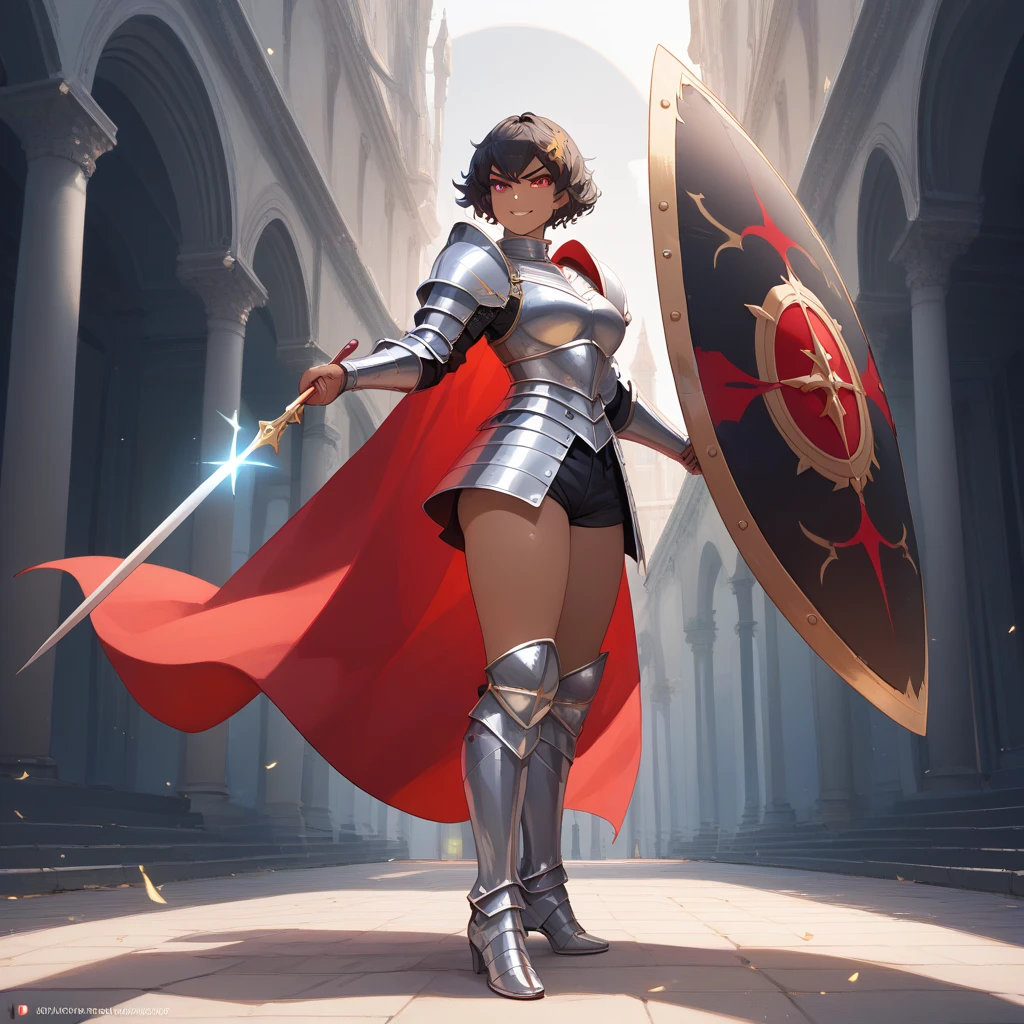 ((masterpiece, best quality, ultra detailed, beautiful illustration)), medieval warrior woman, atmospheric perspective, depth of field, beautiful detailed eyes, solo, ((black skin:0.8)), ((African girl)), ((latin)), honey eyes, exquisite face, anime eyes: 1.4, short afro brown hair upwards with headband, 175 cm tall, ((dynamic pose)). dynamic angle, ((brave expression)), 1 girl, young adult woman, athletic and strong figure, ((heavy silver paladin armor)), ((silver boots)), ((great medieval fantasy shield in Left hand)), ((long great sword in Right hand)), (normal breasts: 1.1), a medieval battlefield. full body image.