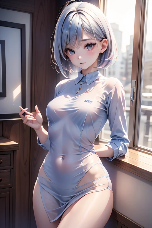 girl、、Bink、leotard、whole body。blue eyes、White Hair、Functional、Seductive pose、front、Looking back diagonally、noon、Outdoor、garden、Beach、Play。