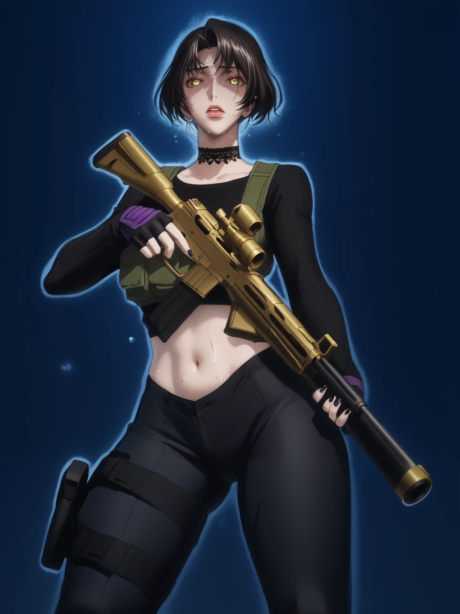 perfect eyes, perfect fingers, gasping, heavy breathing, excessive sweating, sweating, sweating profusely, gasping profusely, cinematic, ((skindentation)), ((curvy)), dominique de sade, long hair, black hair, parted bangs, yellow eyes, bright pupils, ((flabby stomach)), plump, BREAK anime-style, anime coloring, cgi, Hand drawn, cinematic, Sharp focus, humorous illustration, big depth of field, Masterpiece, concept art, trending on artstation, Vivid colors, Simplified style, trending on ArtStation, trending on CGSociety, Intricate, Vibrant colors, Soft Shading, Simplistic Features, Sharp Angles, Playful, excessive sweating, sweating profusely, sweating drop BREAK, 1girl, gun, weapon, solo, holding_gun, rifle, trigger_discipline, gloves, holding_weapon, navel, mole_under_mouth, holding, mole, black_nails, assault_rifle, choker, nose, lips, nail_polish, holster, pants, fingerless_gloves, blue_background, thigh_holster, handgun, alternate_costume, midriff, black_choker, parted_lips, thighs, thick_thighs, bulletproof_vest, black_pants, makeup, breasts, looking down, shaded face,
