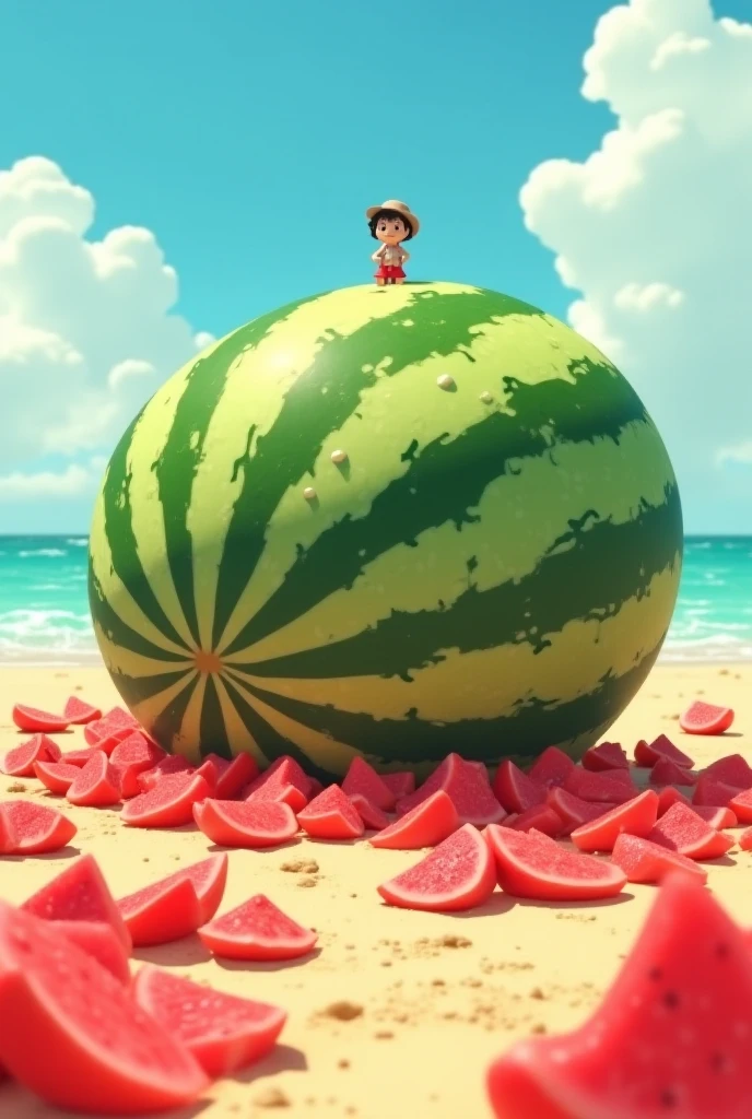 Theme Description：and there are watermelon petals scattered all around，The expression of the characters gradually changed from excitement to shock，There were onlookers in the distance pointing and pointing
Style reference，that you'll never finish eating
Enhanced details：The texture of the watermelon is clear to reflective，The flesh is bright red and juicy，, but the part of the watermelon that was dug up instantly recovered as before，A giant watermelon that is more than three stories tall is lying on the beach：3D cartoon rendering，Studio Ghibli colors，Surreal sense of humor，Summer fantasy atmosphere
