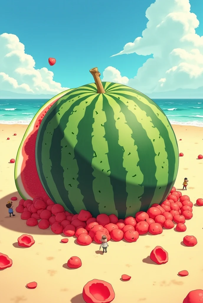Theme Description：and there are watermelon petals scattered all around，The expression of the characters gradually changed from excitement to shock，There were onlookers in the distance pointing and pointing
Style reference，that you'll never finish eating
Enhanced details：The texture of the watermelon is clear to reflective，The flesh is bright red and juicy，, but the part of the watermelon that was dug up instantly recovered as before，A giant watermelon that is more than three stories tall is lying on the beach：3D cartoon rendering，Studio Ghibli colors，Surreal sense of humor，Summer fantasy atmosphere
