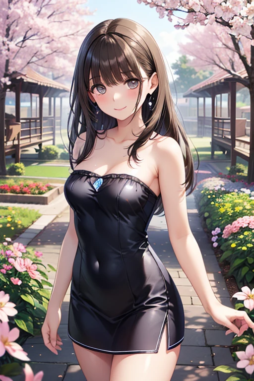 8k, beautiful woman, full body, long hair, double ponytail, brown hair, blue eyes, smiling, determined look, elegant dress, bare legs, bare arms, background park bounce, crouched, front, legs open, arms on the head