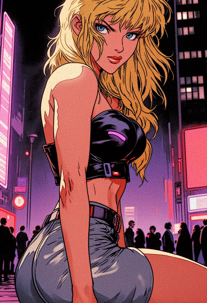 Anime (tmasterpiece，4K, Ultra photo realsisim，The is very detailed），（superhero theme，Glamorous，There was a girl at the top of town，Wearing a Harley Quinn skirt costume，she is a villain），[（25 age old），Anime skirt（Long blonde hair：1.2），White all over，（eBlue eyes：1.2），（（Harley Quinn pose），Show power，jump from one building to another），（（sandy urban environment）：0.8）|（view over city，the night，dynamic lights），（moon full））]
