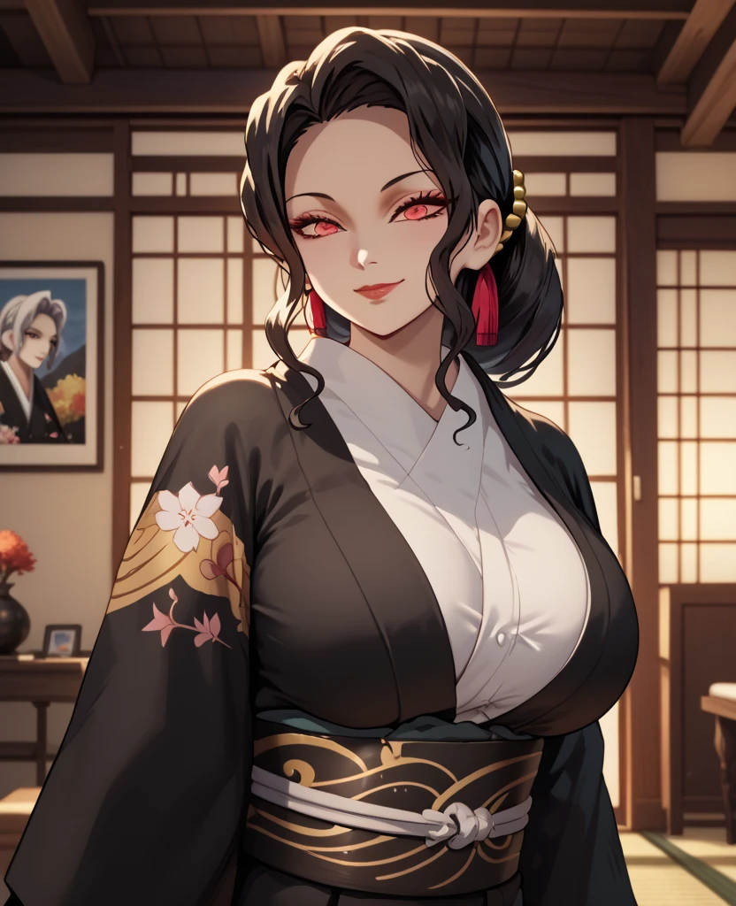 (anime moe style)),((game CG)),(masterpiece),(highest quality), (Super detailed),shape,((very delicate and beautiful)), , very shy look,looking at the viewer,(((18 years old female)),((whole body)),detailed face and eyes,eyes like jewels,(loosely braided long hair),,,(super huge breasts,long and slightly saggy breasts) Overall image Black hair and dark eyes plump body Twelve-layered kimono with cow pattern