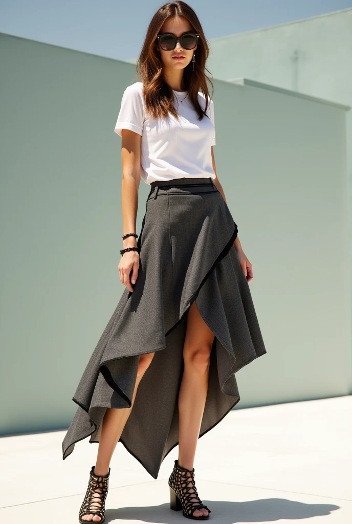 photo of a beautiful woman with long brown hair with golden highlights posing like a model on the street, wearing a black satin midi skirt, a white t-shirt, White sneakers, wearing a black bag