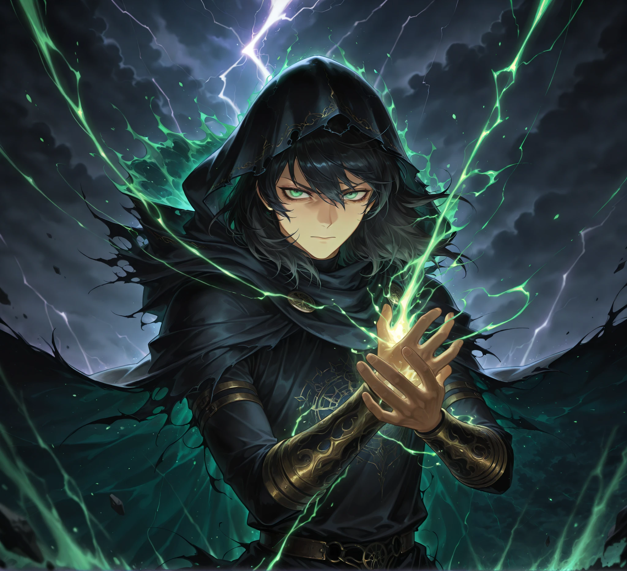by [arknights|(748cmstyle:0.5)], (chaotic and excessively detailed  background:1.1), mature, young adult, masterpiece, best quality, amazing quality, very aesthetic, high resolution, ultra-detailed, absurdres,
1boy, woman, solo, alone,(side eye, dynamic pose, upper body focus, side shot, three_quarter_view, upper body shot:1.2), black moon, black clouds, green aura, green flames, medium hair, (black hair:1.52), green eyes, crystal eyes, concealed armor, runic magic, [(tempestual void magic:1.6), purple and green aura|gold and green aura], closed mouth, piercing glare, serious expression,  A rupture in space and time, drkms, DonMV01dfm4g1c3XL, mythos, divine judge, hooded, cloaked, wearing a hood,  wearing a cursed robe, (lightning rain, cursed rain, flame rain, apocalyptic magic:1.1), SSR-gacha character,  black cape, ornate cape, cosmic cape, astral cape, floating islands, desolate rock, void lightning, cosmic lightning, G0thicL1nes, (greco roman clothes,ancient greek clothes:0.66), Shadow magic, specters, Elden Ring mythical divine clothes, palace guard, blue and black magic, assassin,
BREAK, depth of field, volumetric lighting
 