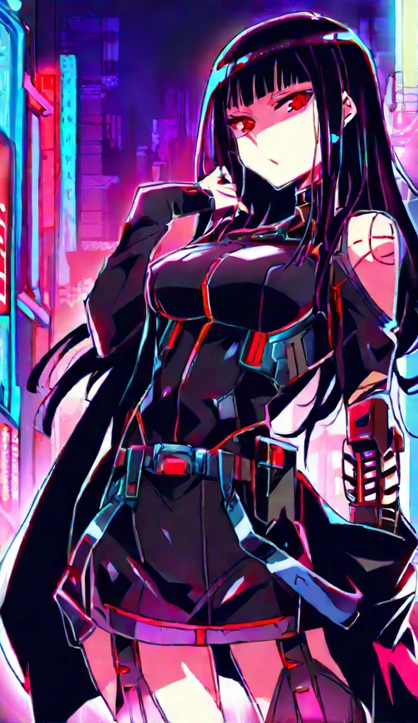 anime character in red dress standing, modern cyberpunk anime, katanas strapped to her back, red dress, black and purple mixed color hair, long hair, Purple eyes, black lips