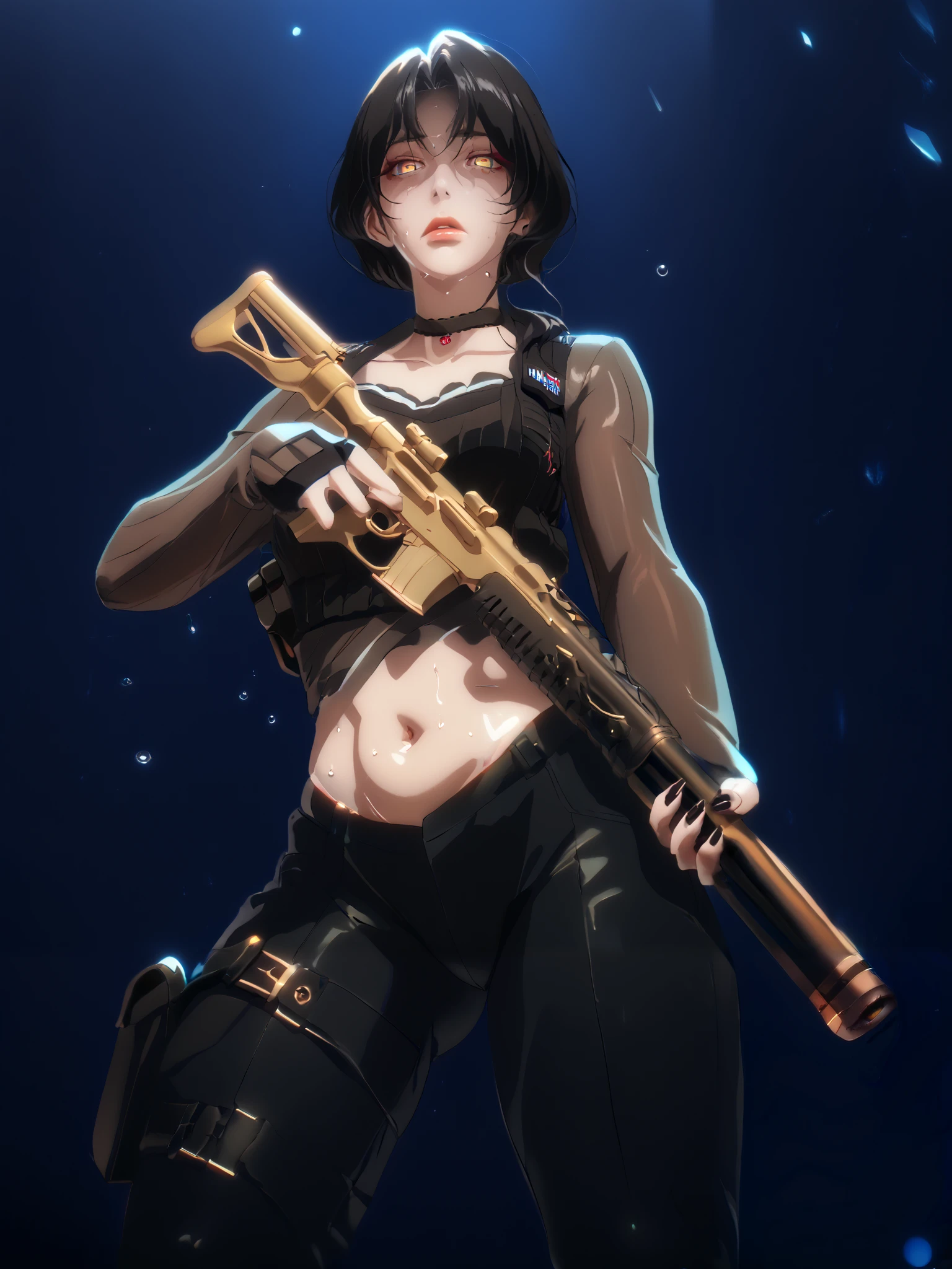 theobrobine, perfect eyes, perfect fingers, gasping, heavy breathing, excessive sweating, sweating, sweating profusely, gasping profusely, cinematic, ((skindentation)), ((curvy)), dominique de sade, long hair, black hair, parted bangs, yellow eyes, bright pupils, ((flabby stomach)), plump, BREAK anime-style, anime coloring, cgi, Hand drawn, cinematic, Sharp focus, humorous illustration, big depth of field, Masterpiece, concept art, trending on artstation, Vivid colors, Simplified style, trending on ArtStation, trending on CGSociety, Intricate, Vibrant colors, Soft Shading, Simplistic Features, Sharp Angles, Playful, excessive sweating, sweating profusely, sweating drop BREAK, 1girl, gun, weapon, solo, holding_gun, rifle, trigger_discipline, gloves, holding_weapon, navel, mole_under_mouth, holding, mole, black_nails, assault_rifle, choker, nose, lips, nail_polish, holster, pants, fingerless_gloves, blue_background, thigh_holster, handgun, alternate_costume, midriff, black_choker, parted_lips, thighs, thick_thighs, bulletproof_vest, black_pants, makeup, breasts, looking down, shaded face,